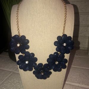 J Crew Navy Large Crystal Floral Statement Necklace! EUC